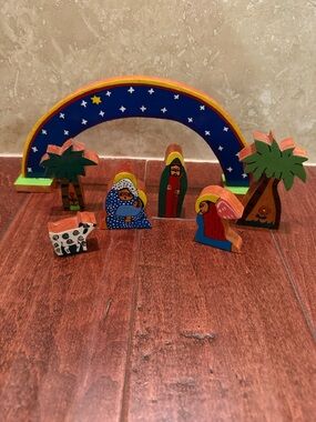 Nativity Set La Palma El Salvador Wooden Hand Painted Folk Art Xmas Vtg